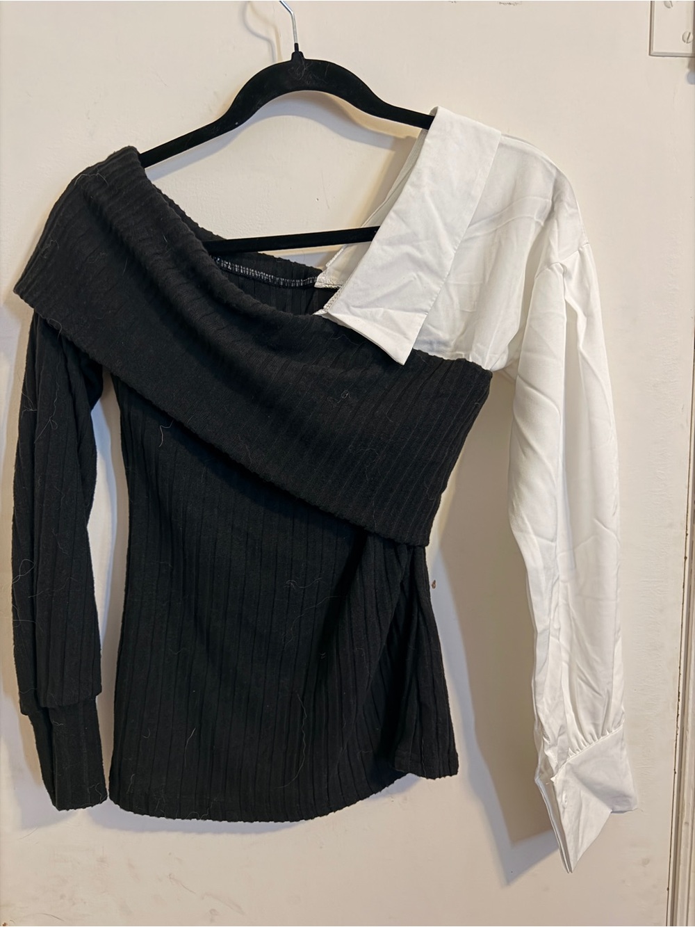 Asymmetrical Black Knit Top with White Shirt Sleeve Size Medium